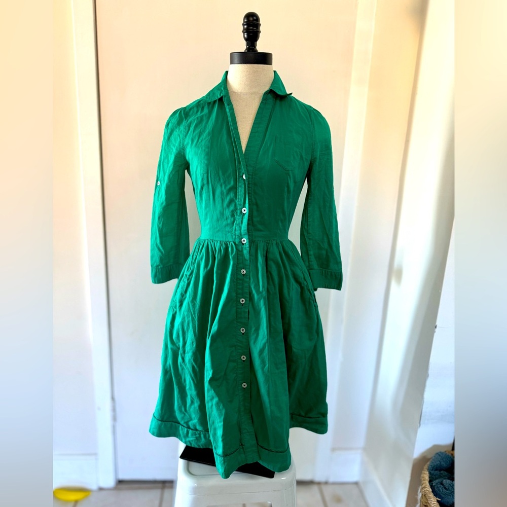 Anthropologie Moulinette Soeurs Emerald Green Shirt Dress Button Down Sz 2